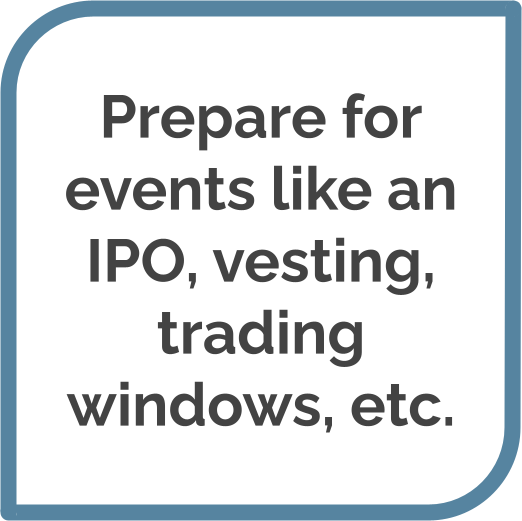 Prepare for events like an IPO, vesting, trading windows, etc.
